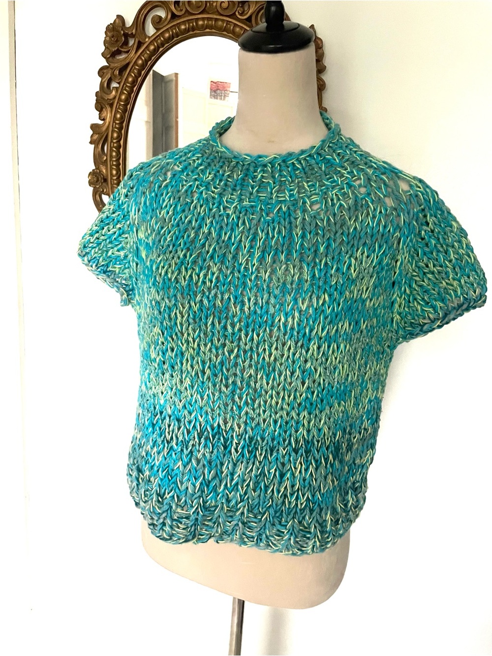 Handknit Sustainably Made Cotton and Silk Turquoise and Green Short Sleeve Tee s